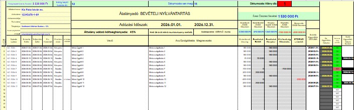 Átalányadó Bevételi Nyilvántartás minta táblázat